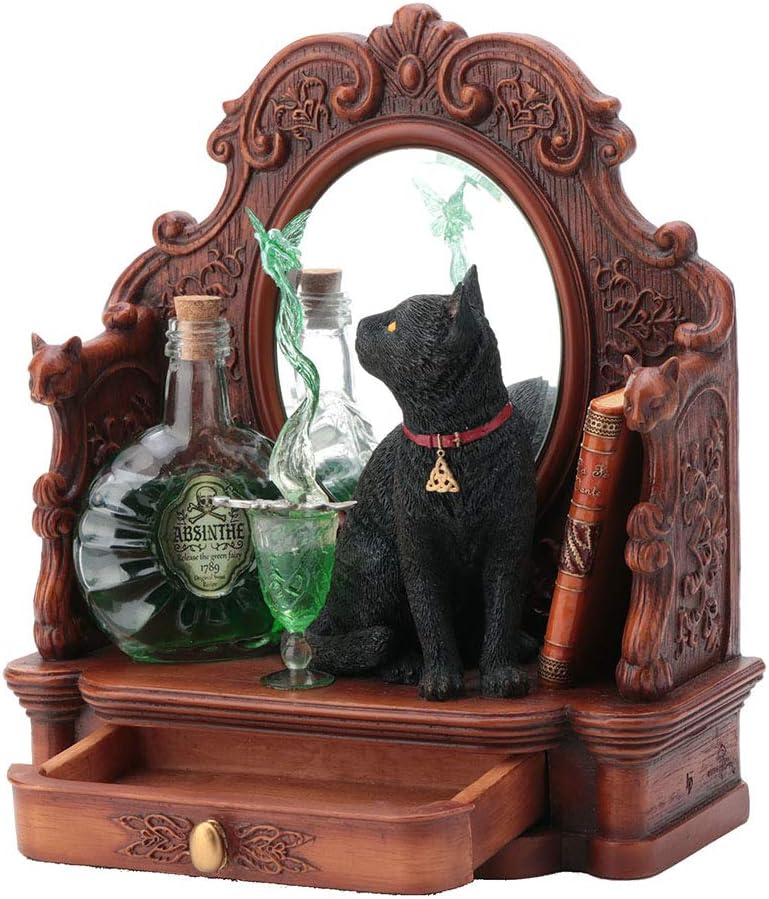 Veronese Design 8.5 Inch Lisa Parker Absinthe Fairy Black Cat Mirror with Drawer Polyresin Hand Painted Figurine Animal Sculpture