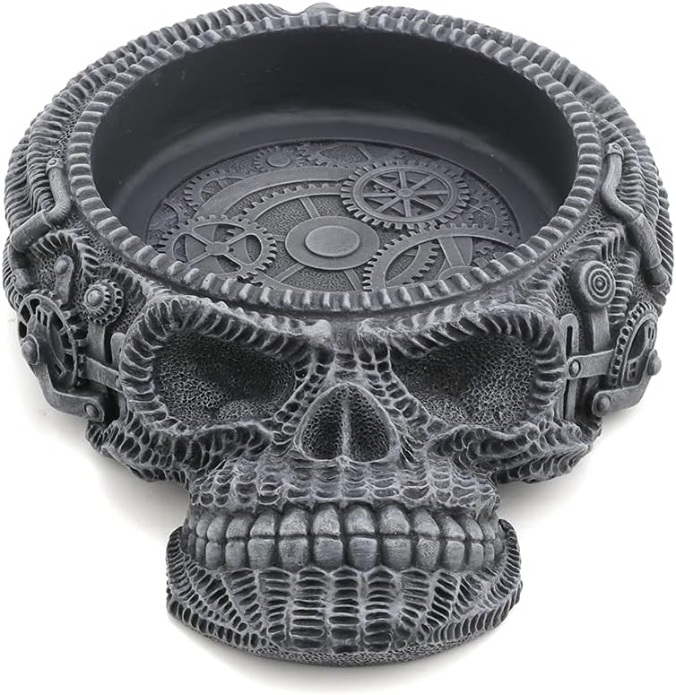 Veronese Design 2 1/8" Tall Flat Skull Vessel Steampunk Figurine Resin Handpainted Sculpture With Glass Ashtray Attachment