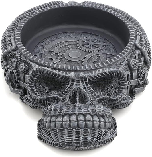 Veronese Design 2 1/8" Tall Flat Skull Vessel Steampunk Figurine Resin Handpainted Sculpture With Glass Ashtray Attachment