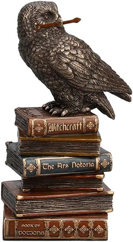 5 1/2" Tall Cold Cast Resin Antique Bronze Finish Magic Wand Snowy Owl On Book Stack Statue Figurine