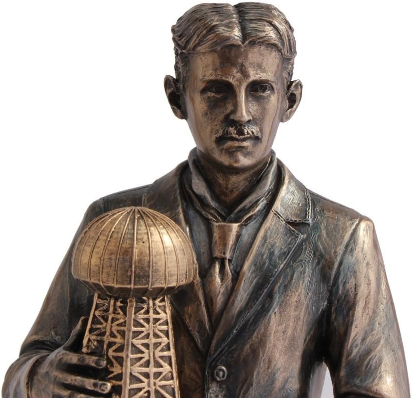 VERONESE Design 12" Tall Nikola Tesla Holding a Model of Wardenclyffe Tower Statue Cold Cast Resin Antique Bronze Finish Sculpture