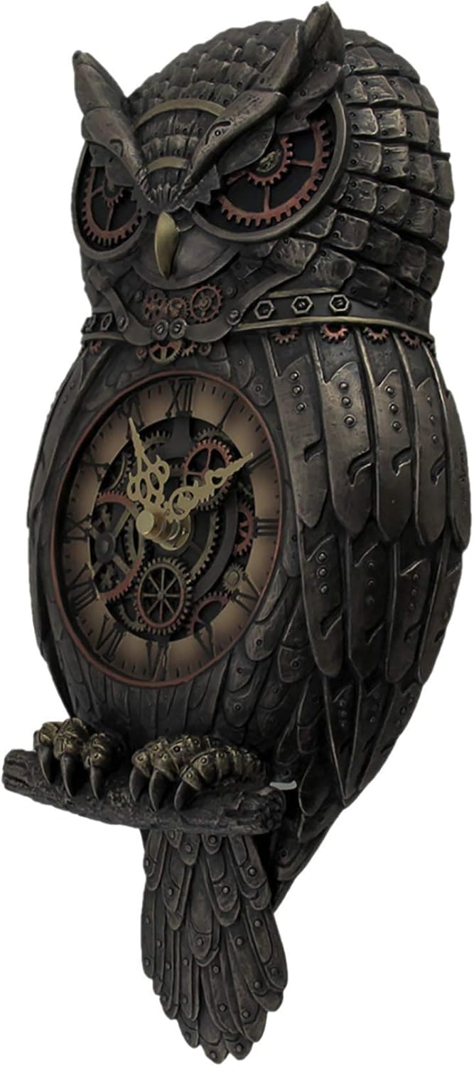 Veronese Design Metallic Bronze Finished Steampunk Owl Pendulum Wall Clock