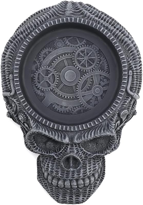 Veronese Design 2 1/8" Tall Flat Skull Vessel Steampunk Figurine Resin Handpainted Sculpture With Glass Ashtray Attachment
