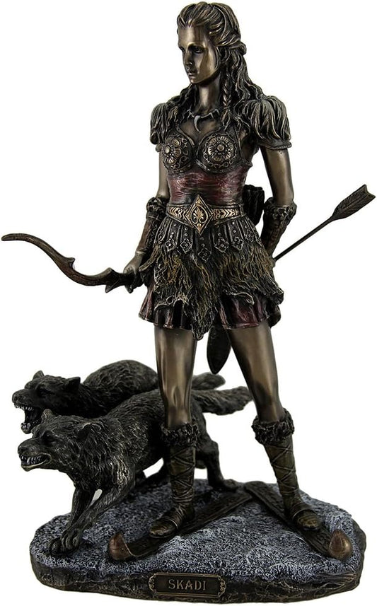 Veronese Design Skadi Norse Giantess Ski Goddess of Winter and Mountains with Wolves Statue
