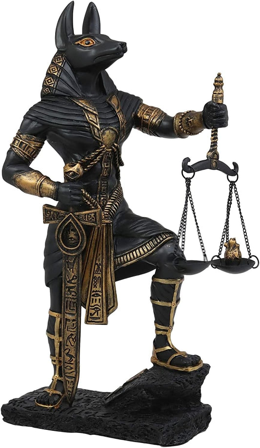 Ebros Ancient Egyptian God Anubis with Scales of Justice Statue Gods of The Dead and Afterlife Weighing The Heart Against Ostrich Feather Figurine 10" Tall (Black and Gold)