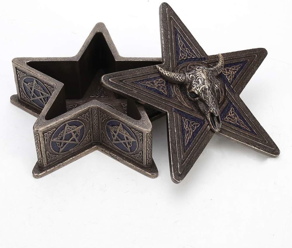 Veronese Design 2 3/4" Tall Cold Cast Resin Antique Bronze Finish Occult Cow Skull Pentagram Trinket Box Statue Container