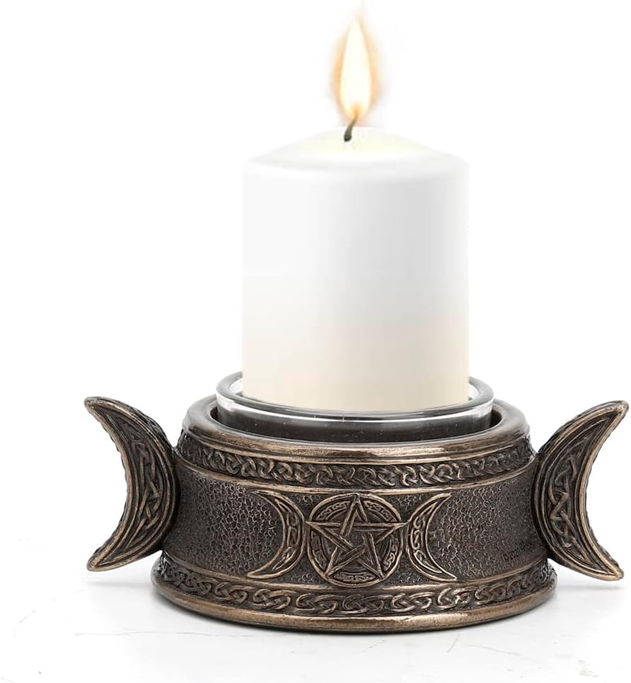 Veronese Design 1 3/8 Inch Tall Triple Moon Goddess Sigil Tealight Candle Holder Cold Cast Bronzed Resin Sculpture