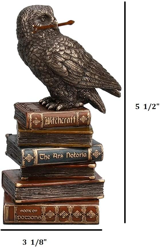 5 1/2" Tall Cold Cast Resin Antique Bronze Finish Magic Wand Snowy Owl On Book Stack Statue Figurine