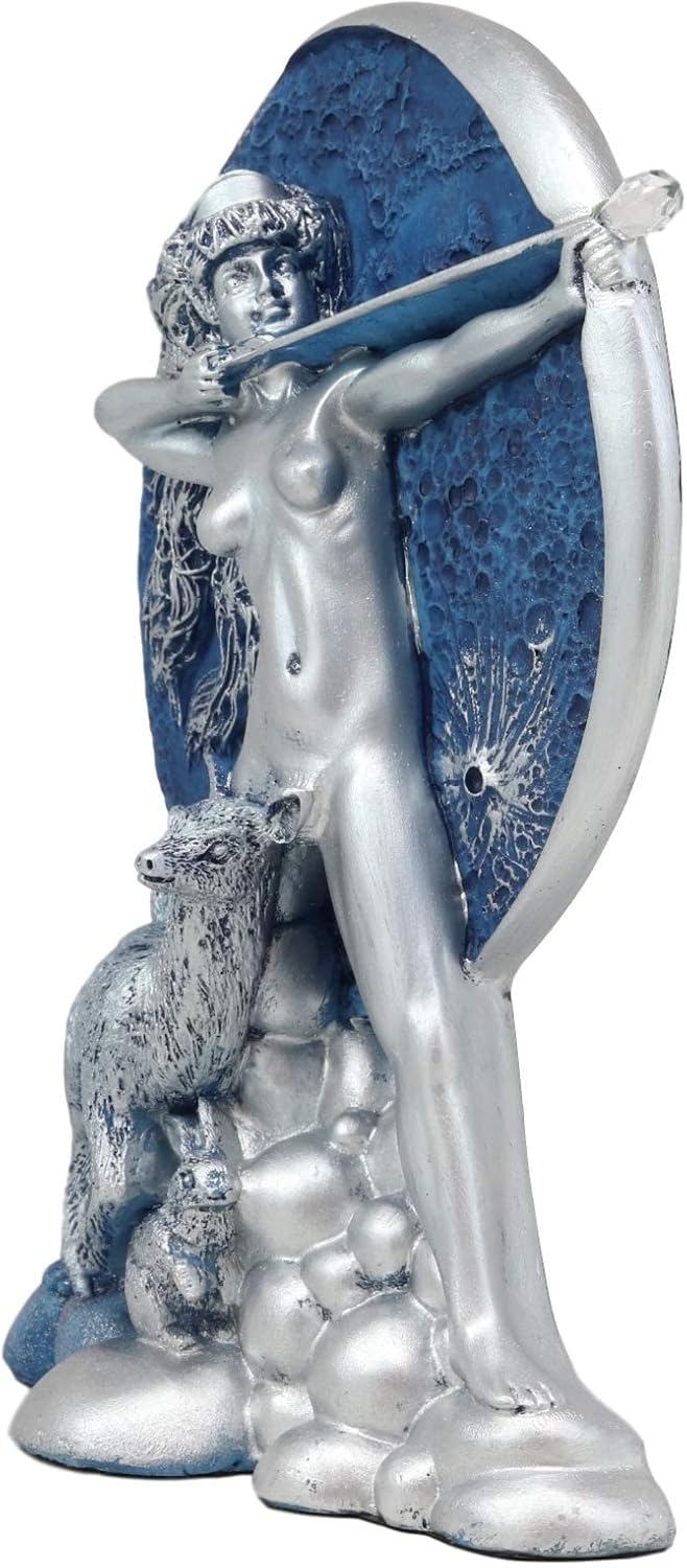 Greek Goddess of The Hunt Moon Diana Drawing Bow and Arrow with Companion Deer Statue Oberon Zell Rendering of Artemis Sculpture