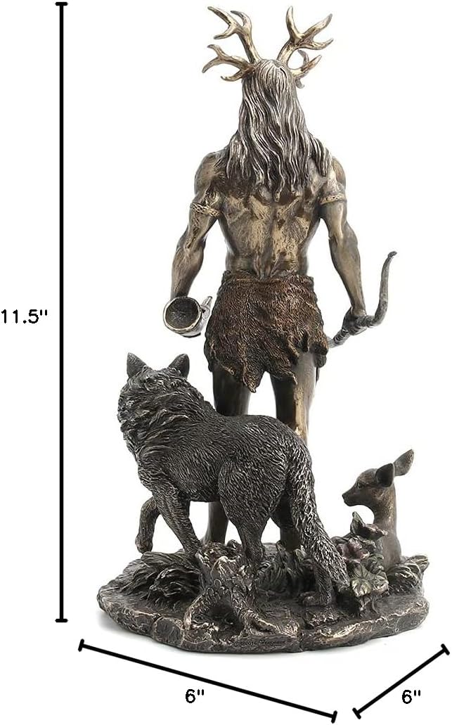 Veronese Design Resin Statues Herne The Spirit Hunter of Windsor Forest Standing with Deer and Wolf 6 X 11.5 X 6 Inches Bronze