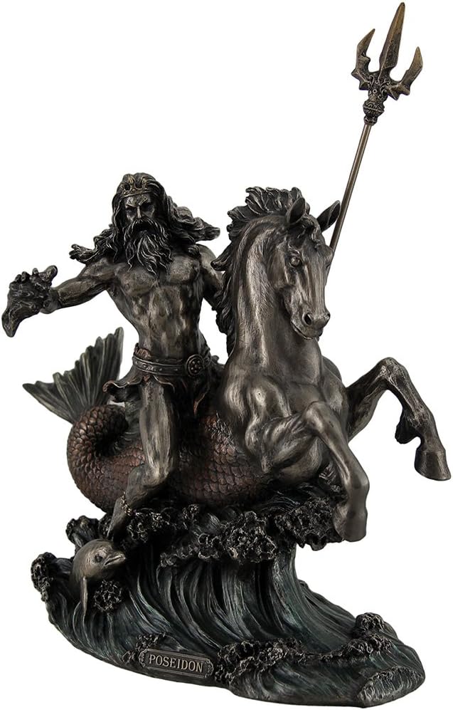 Veronese Design Poseidon Greek God of the Sea Holding Trident On Hippocampus Bronzed Statue