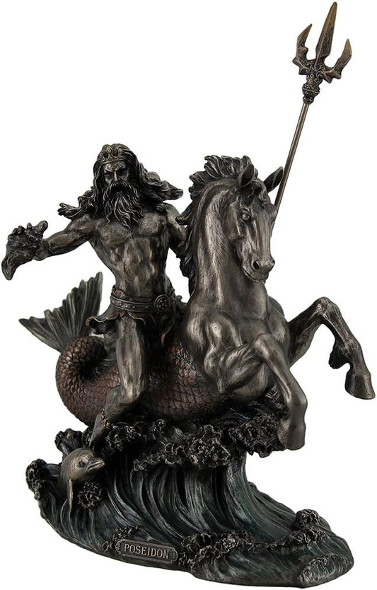 Veronese Design Poseidon Greek God of the Sea Holding Trident On Hippocampus Bronzed Statue