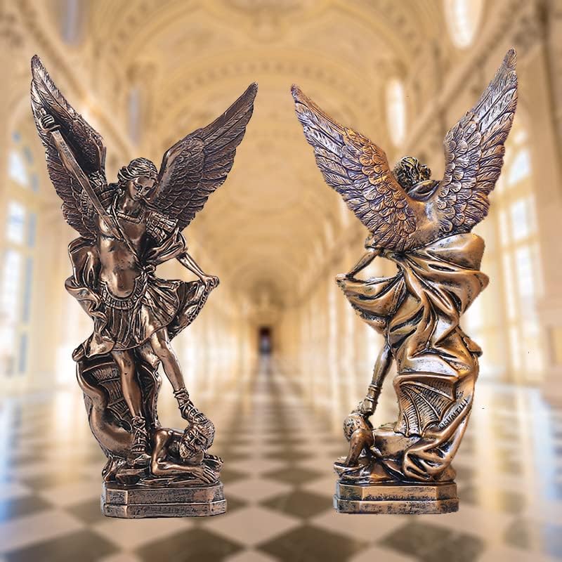 12.5in St. Michael San Miguel Arcangel Statue The Great Protector Saint Archangel Michael Defeated Evil Dragon Religious Collectible Battle Angel Sculpture Christian Catholic Figurines (Bronze)