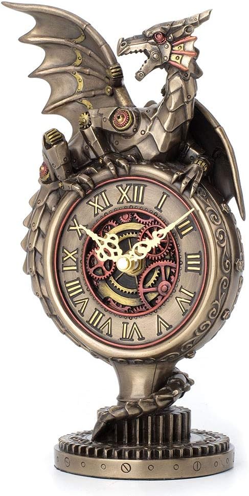 Veronese Design 10.25 Inch Steampunk Mechanical Dragon Perching On Top Clock Gear Stand Antique Bronze Finish Sculpture Tabletop Statue