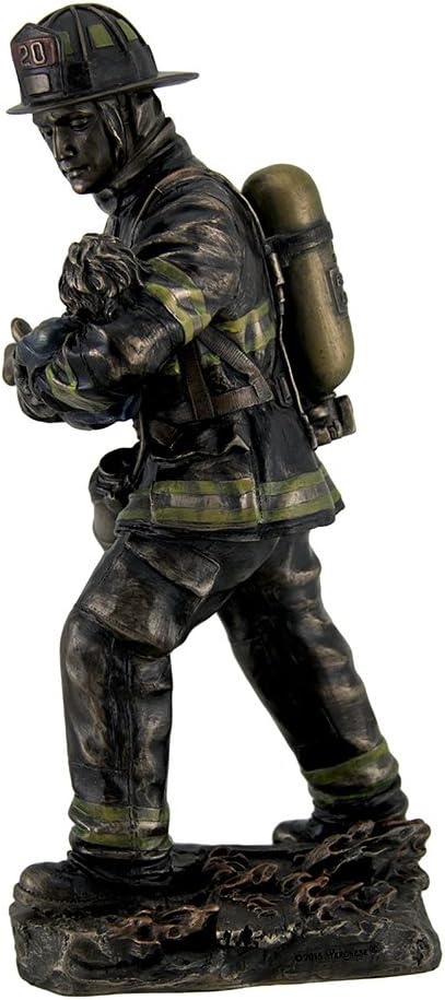 Veronese Design Firefighter Carrying Child Metallic Bronze Statue 11 Inches Tall