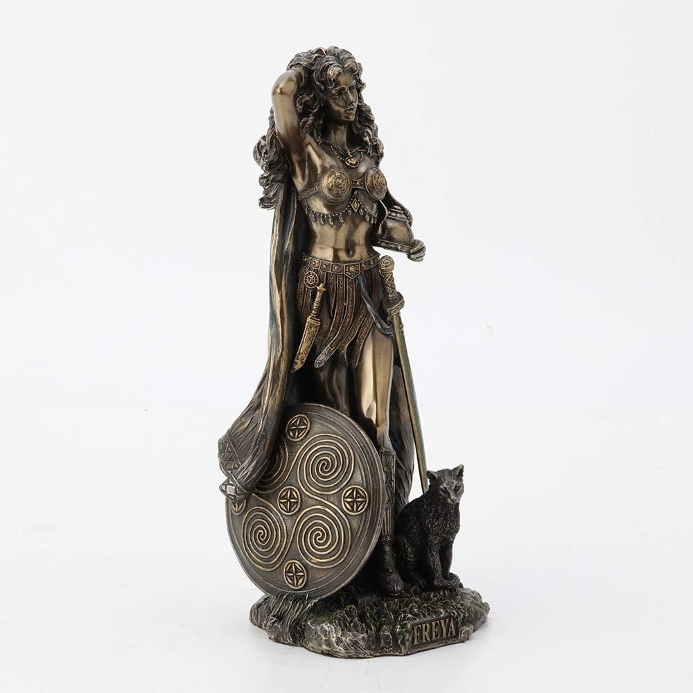 Veronese Design Freya, Norse Goddess of Love, Beauty and Power, with Helmet and Shield - Antique Bronze Finished Resin Statue - Excellent Detail, Hand Painted Accents - 10 Inches Tall