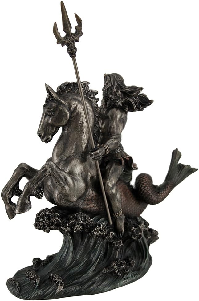 Veronese Design Poseidon Greek God of the Sea Holding Trident On Hippocampus Bronzed Statue