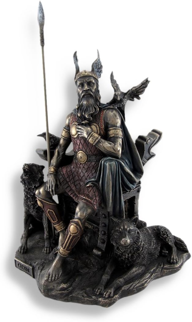 Things2Die4 Bronzed Norse God Odin on Throne with Ravens and Wolves Statue