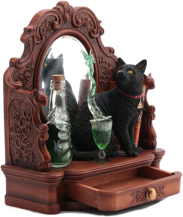 Veronese Design 8.5 Inch Lisa Parker Absinthe Fairy Black Cat Mirror with Drawer Polyresin Hand Painted Figurine Animal Sculpture