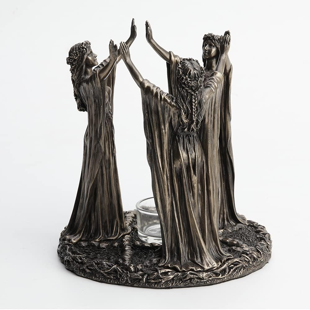 Veronese Design 6 3/4 Inch Tall Triple Moon Goddess Maidens Ritual Candle Tealight Holder Cold Cast Bronzed Resin Sculpture Wiccan Alter Figurine Home Decor New Age Religious Collectible
