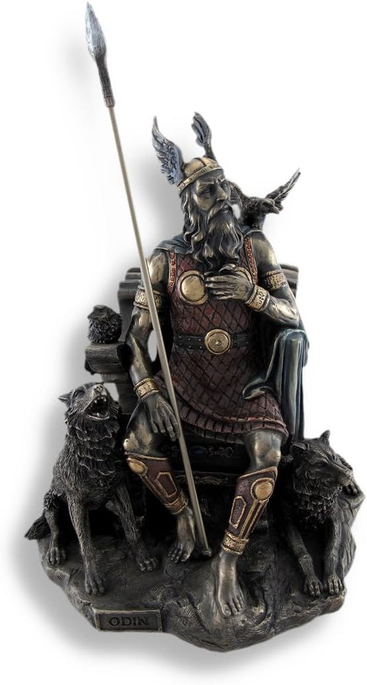 Things2Die4 Bronzed Norse God Odin on Throne with Ravens and Wolves Statue