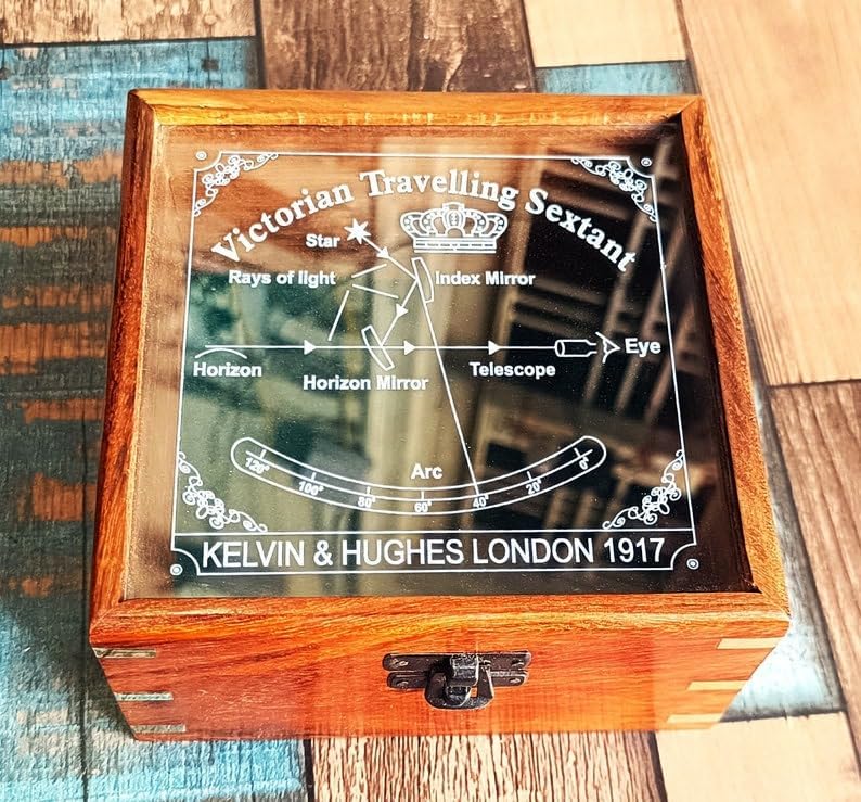 Nautical Brass Working Sextant, Antique Maritime Navigational Instrument With Wooden Box Navigational Sextant, Astrolabe Ships Instrument