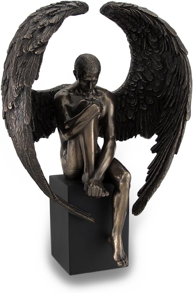 Veronese Design Bronze Finished Pensive Male Angel Statue On Black Base