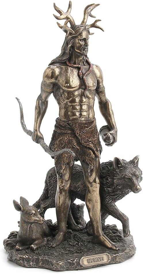 Veronese Design Resin Statues Herne The Spirit Hunter of Windsor Forest Standing with Deer and Wolf 6 X 11.5 X 6 Inches Bronze