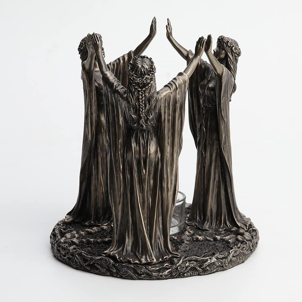 Veronese Design 6 3/4 Inch Tall Triple Moon Goddess Maidens Ritual Candle Tealight Holder Cold Cast Bronzed Resin Sculpture Wiccan Alter Figurine Home Decor New Age Religious Collectible
