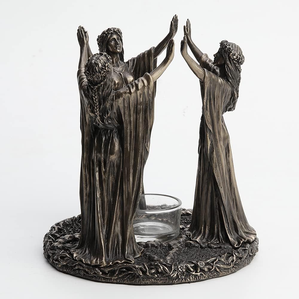 Veronese Design 6 3/4 Inch Tall Triple Moon Goddess Maidens Ritual Candle Tealight Holder Cold Cast Bronzed Resin Sculpture Wiccan Alter Figurine Home Decor New Age Religious Collectible