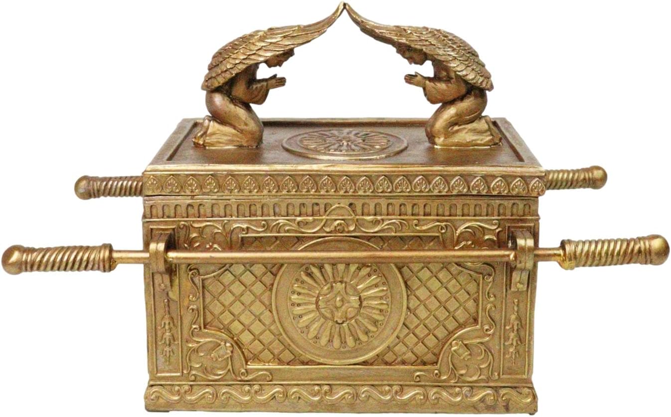 Ebros Matte Gold Holy Ark Of The Covenant With Ten Commandments Rod of Aaron and Manna Religious Decorative Figurine Trinket Box Collectible Judaic Israel Historic Model Replica (1:8 Scale 9.5"Long)