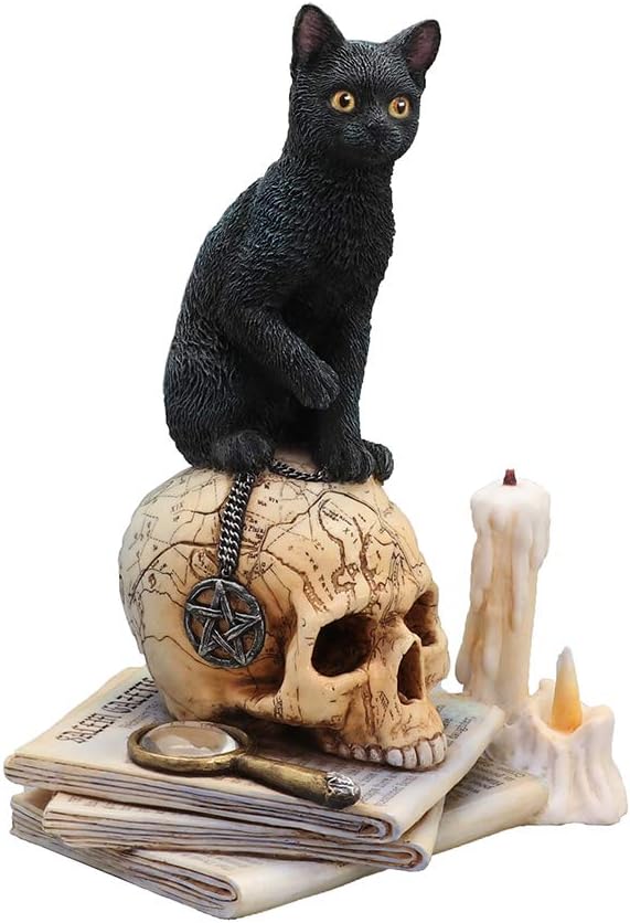 Veronese Design Lisa Parker Spirits of Salem Black Cat on Human Skull Statue 6.5 Inches High