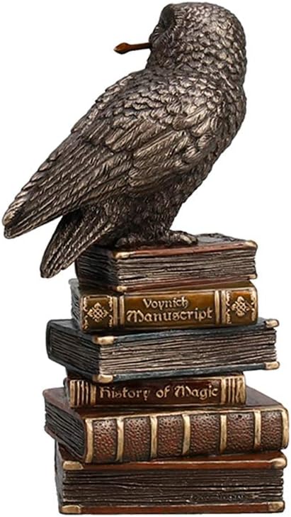 5 1/2" Tall Cold Cast Resin Antique Bronze Finish Magic Wand Snowy Owl On Book Stack Statue Figurine