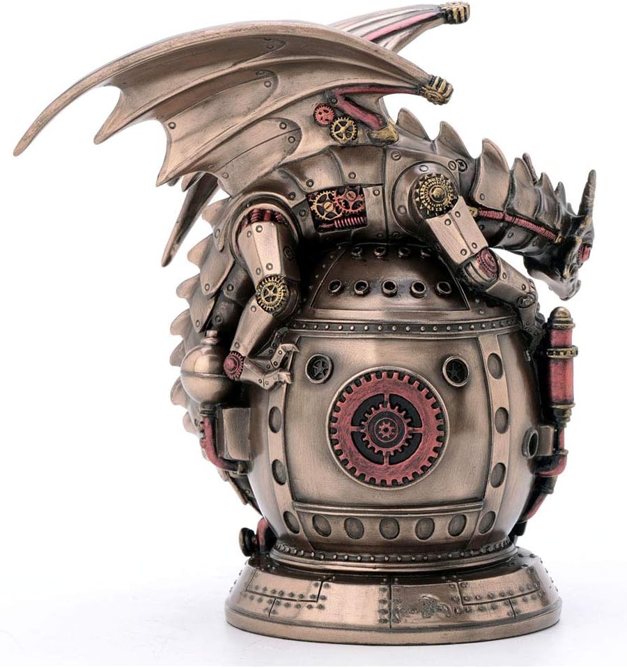 Veronese Design 7 Inch Steampunk Mechanical Dragon On The Time Machine Bank Vault Trinket Box Clock Antique Bronze Finish Statue