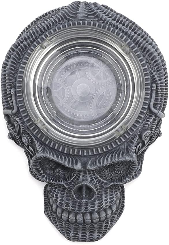 Veronese Design 2 1/8" Tall Flat Skull Vessel Steampunk Figurine Resin Handpainted Sculpture With Glass Ashtray Attachment