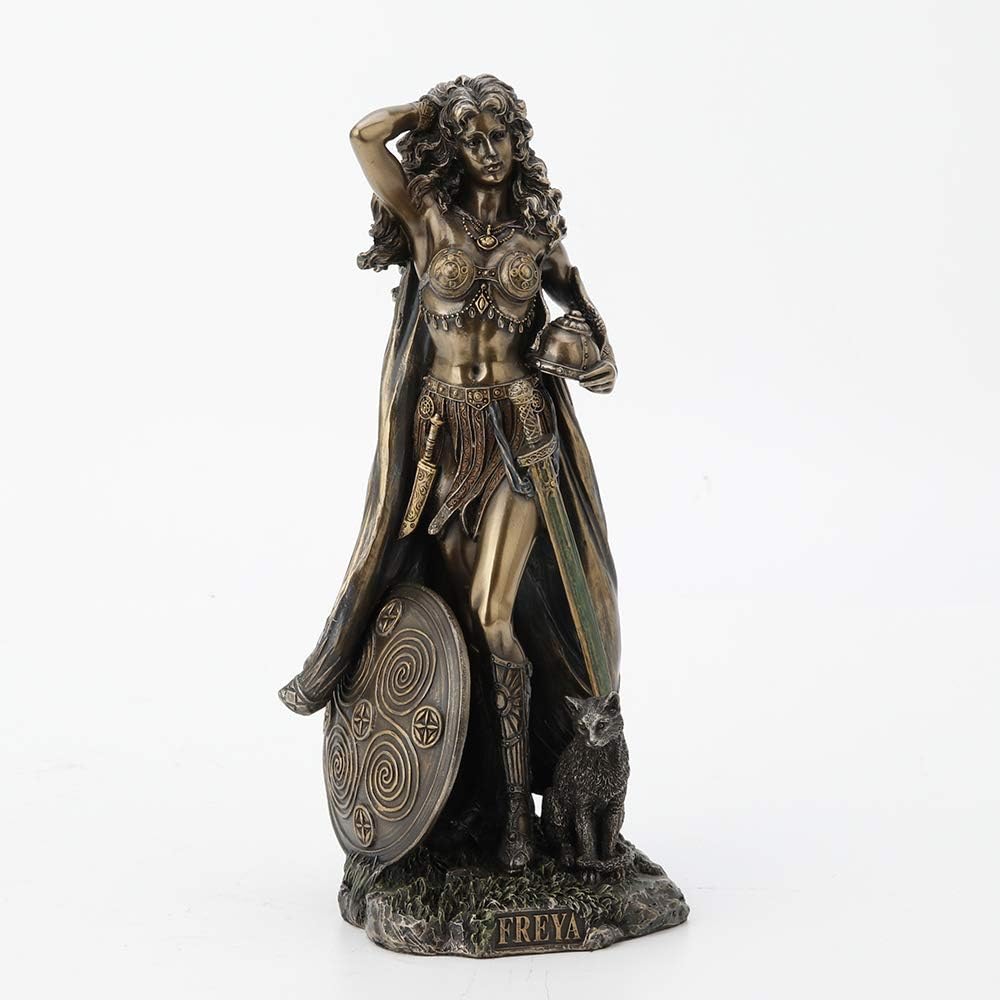 Veronese Design Freya, Norse Goddess of Love, Beauty and Power, with Helmet and Shield - Antique Bronze Finished Resin Statue - Excellent Detail, Hand Painted Accents - 10 Inches Tall
