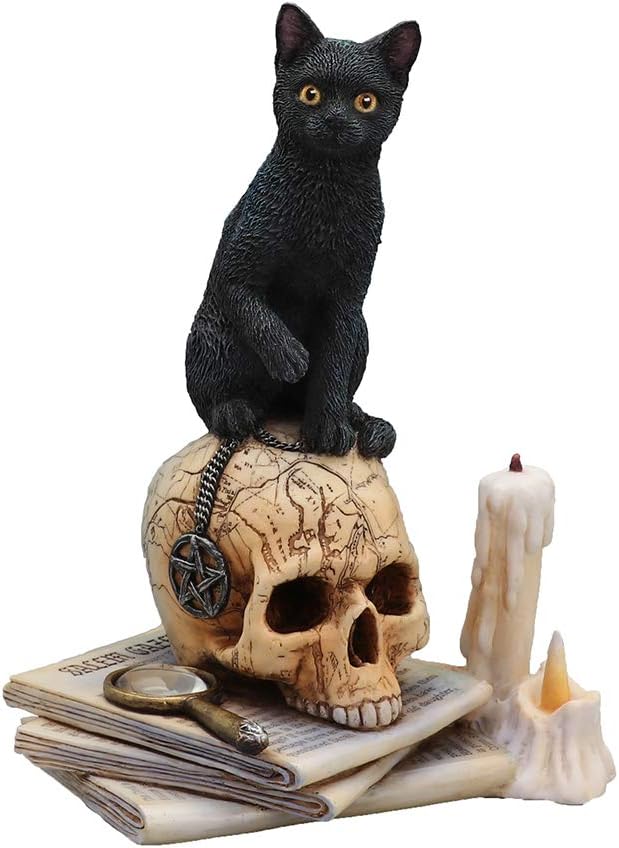 Veronese Design Lisa Parker Spirits of Salem Black Cat on Human Skull Statue 6.5 Inches High