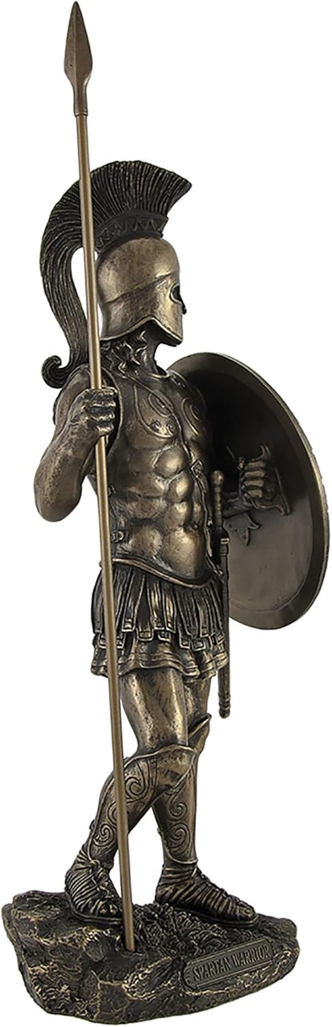 Bronzed Spartan Warrior with Spear and Hoplite Shield Statue