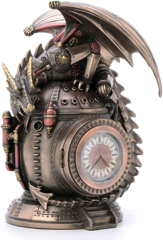 Veronese Design 7 Inch Steampunk Mechanical Dragon On The Time Machine Bank Vault Trinket Box Clock Antique Bronze Finish Statue