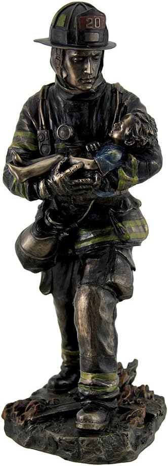Veronese Design Firefighter Carrying Child Metallic Bronze Statue 11 Inches Tall