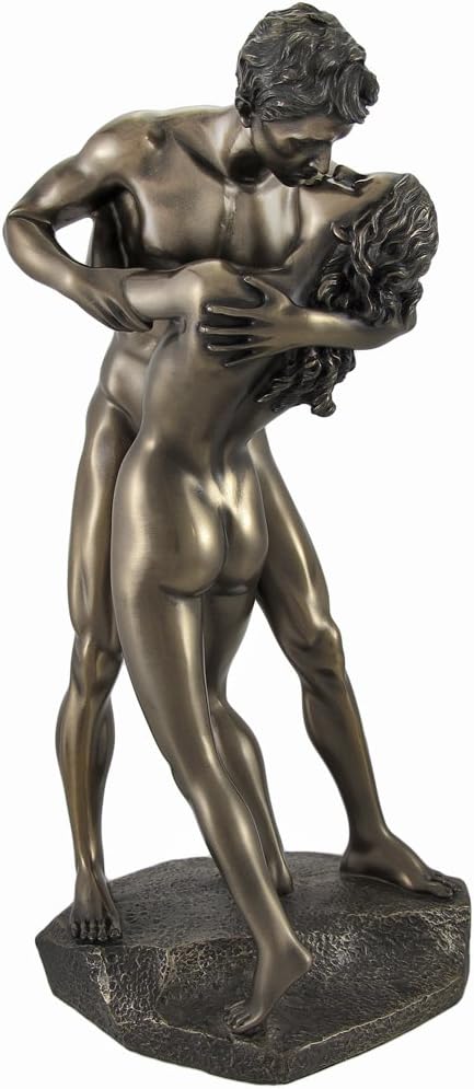 Veronese Design Bronzed Nude Lovers in a Passionate Embrace Sharing a Kiss Statue