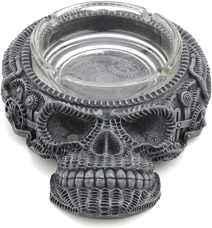 Veronese Design 2 1/8" Tall Flat Skull Vessel Steampunk Figurine Resin Handpainted Sculpture With Glass Ashtray Attachment