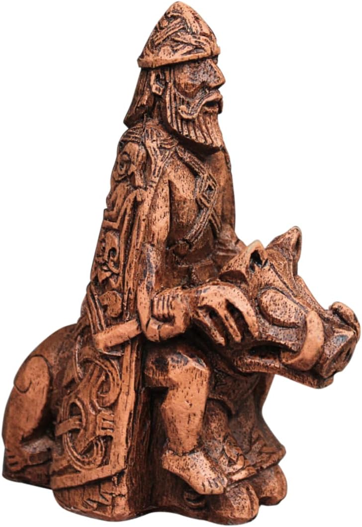 Dryad Design Freyr Figurine Norse God of Fertility and Prosperity Statue - Viking Pagan Home Altar Decor (Wood Finish)