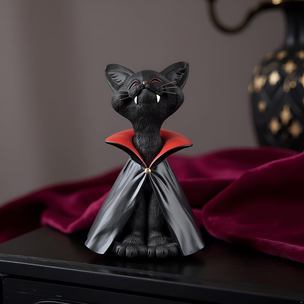 JFSM INC. Whimsical Black Cat Vampire Dracula Figurine Cute Collectible - Happy Cat Collection - Halloween Decoration, Cat Lover Gifts for Women, Cute Cat Gifts