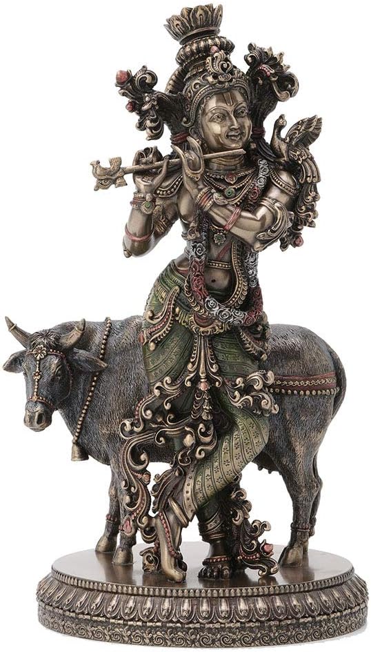 10.5 Inch Hindu God Krishna and The Holy Cow Antique Bronze Finish Sculpture Figurine
