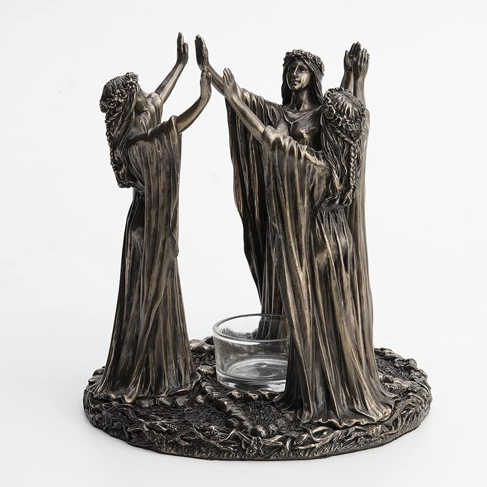 Veronese Design 6 3/4 Inch Tall Triple Moon Goddess Maidens Ritual Candle Tealight Holder Cold Cast Bronzed Resin Sculpture Wiccan Alter Figurine Home Decor New Age Religious Collectible