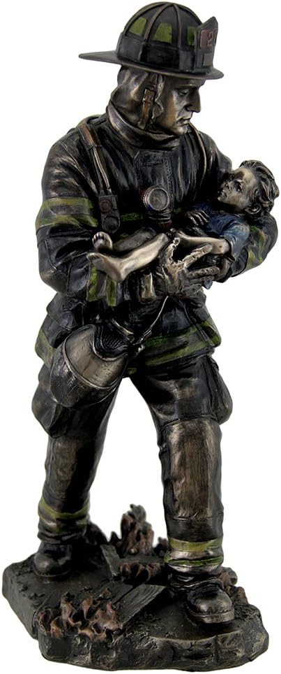 Veronese Design Firefighter Carrying Child Metallic Bronze Statue 11 Inches Tall