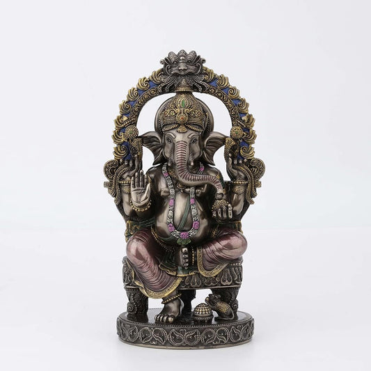 Veronese Design 10 1/4 Inch Tall Lord Ganesha Sitting On Throne with Temple Arch Hindu Elephant God Fortune Cold Cast Bronzed Resin Statue Religious Home Decor Spiritual Collectibles