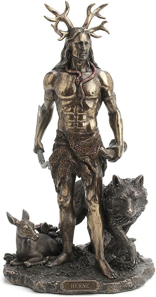 Veronese Design Resin Statues Herne The Spirit Hunter of Windsor Forest Standing with Deer and Wolf 6 X 11.5 X 6 Inches Bronze
