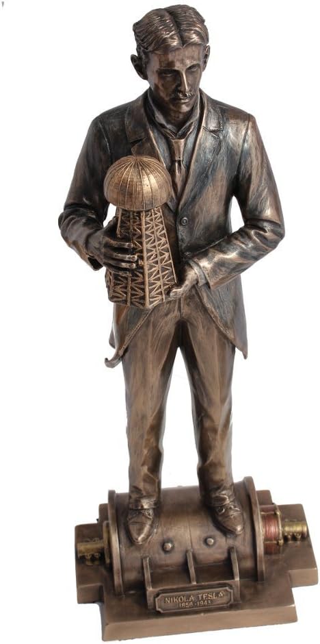 VERONESE Design 12" Tall Nikola Tesla Holding a Model of Wardenclyffe Tower Statue Cold Cast Resin Antique Bronze Finish Sculpture